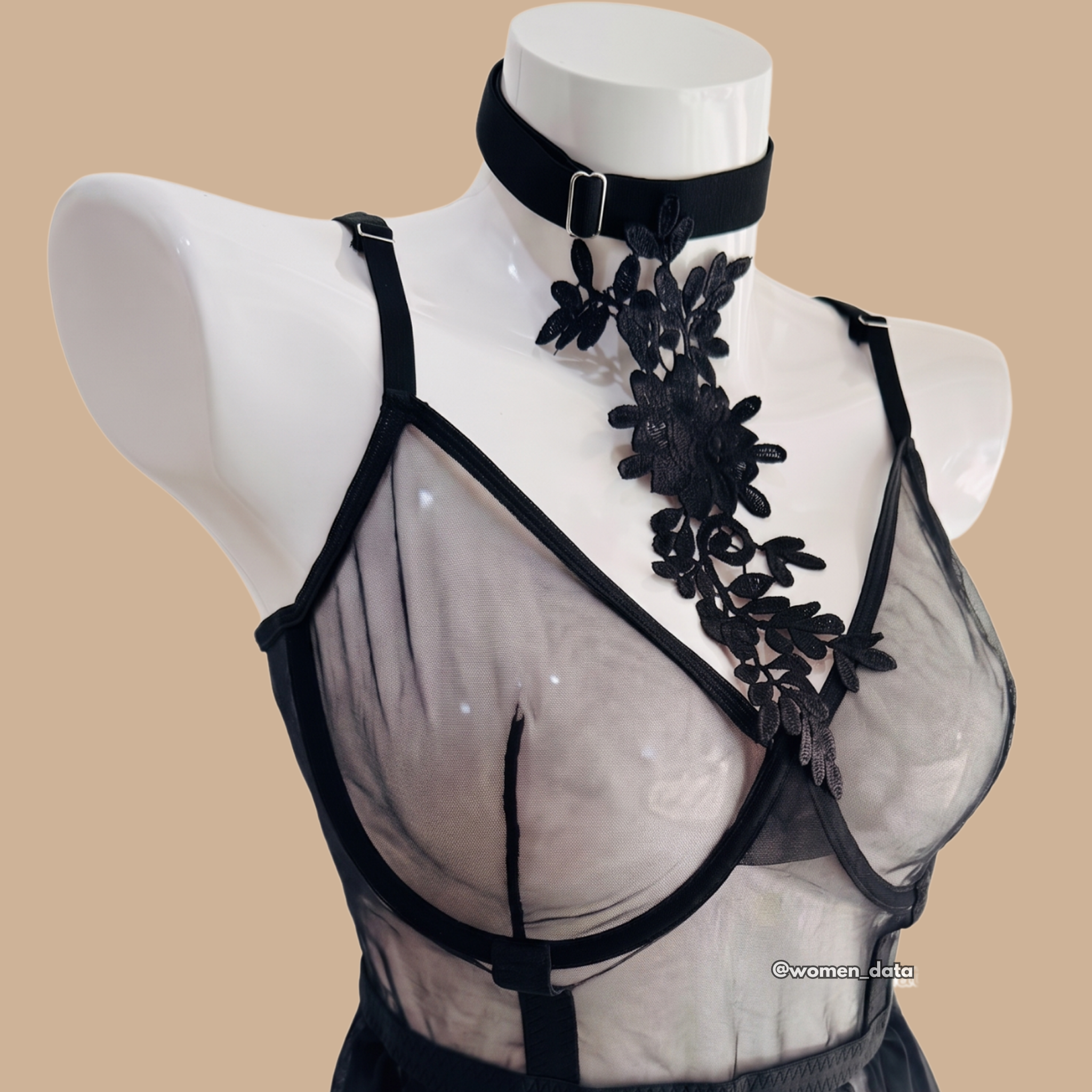 Black Mesh Babydoll Lingerie Set with Floral Choker