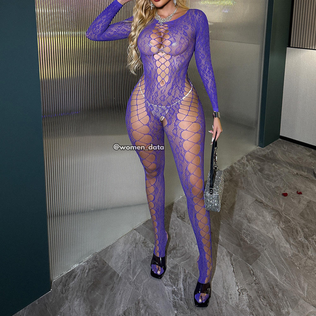 Purple Rhinestone Fishnet Bodystocking for Women – Full Body Net Lingerie