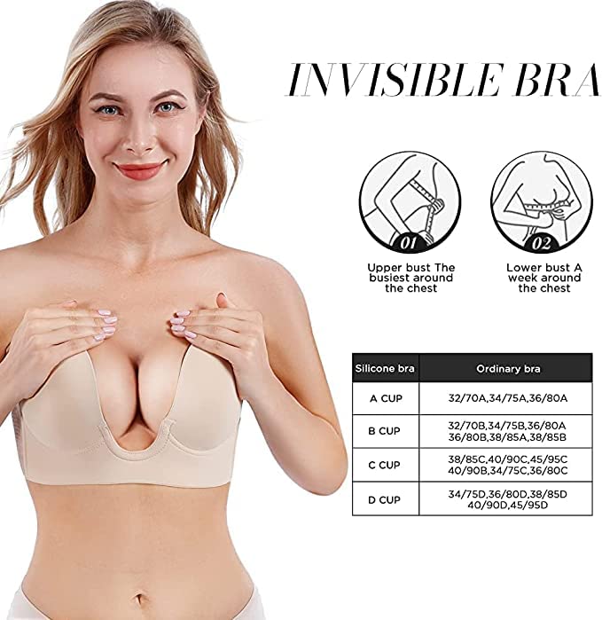 Push Up U Plunge Bra Strapless Bra Invisible-Sticky-Reusable 
