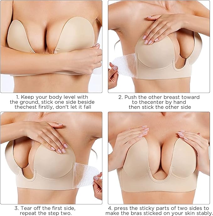 Push Up U Plunge Bra Strapless Bra Invisible-Sticky-Reusable 