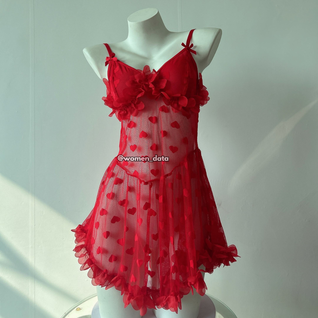 Red Heart Mesh Babydoll Lingerie Dress