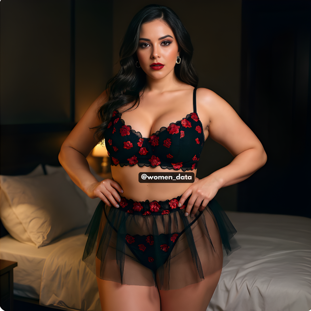 Plus Size Floral Embroidery Bra, Panty &amp; Cover Skirt Set