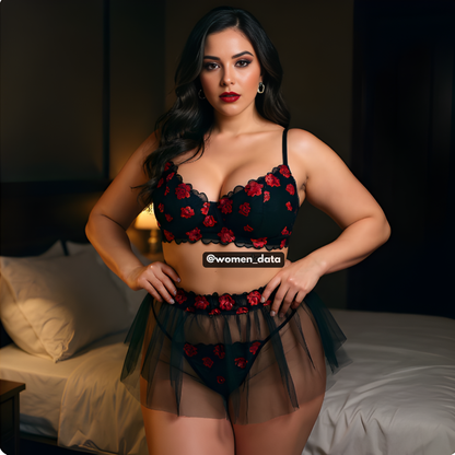 Plus Size Floral Embroidery Bra, Panty &amp; Cover Skirt Set
