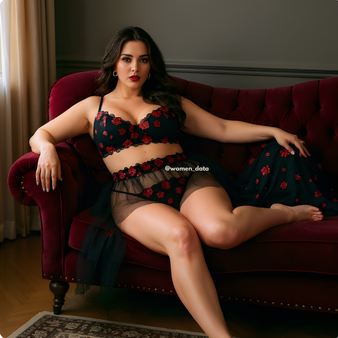Plus Size Floral Embroidery Bra, Panty &amp; Cover Skirt Set