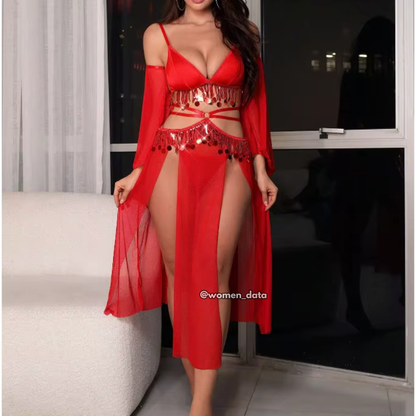 Red Fringe Belly Dance Lingerie Set 