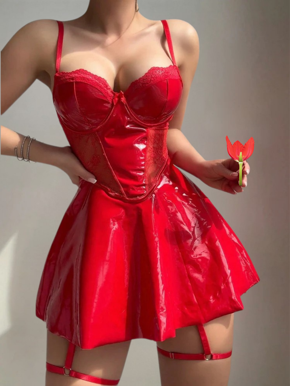 Red Patent Leather Corset Babydoll Lingerie Set