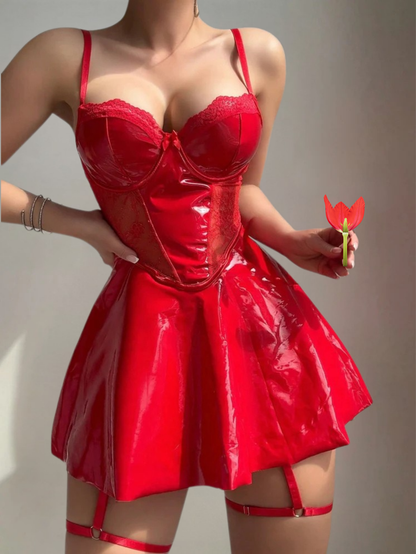 Red Patent Leather Corset Babydoll Lingerie Set