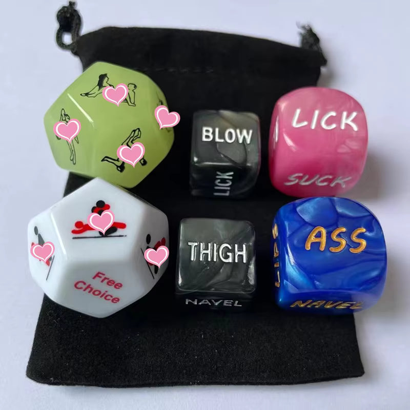 Set of dice with sexual innuendos on a black bag