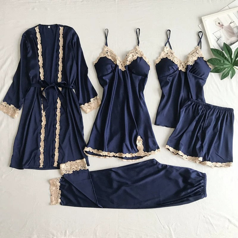 Women Satin Lace Nightwear Set – 5 Piece 