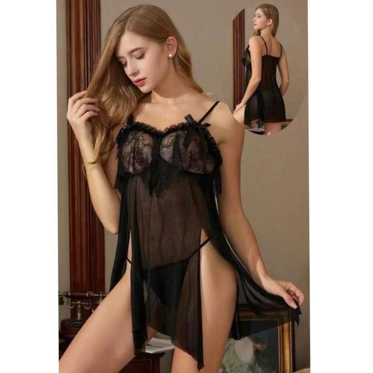 Sheer Mesh Underwear Sexy Lace See-through Side Slit Nightdress 