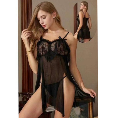 Sheer Mesh Underwear Sexy Lace See-through Side Slit Nightdress 