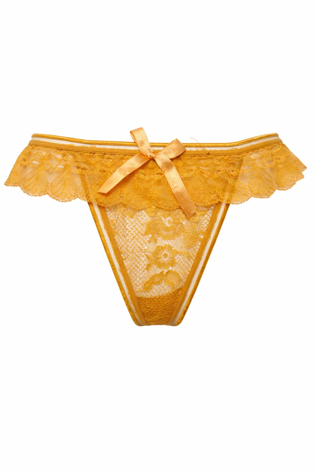 Yellow Lace Bow Thong Panty - Sheer Floral Lace Lingerie