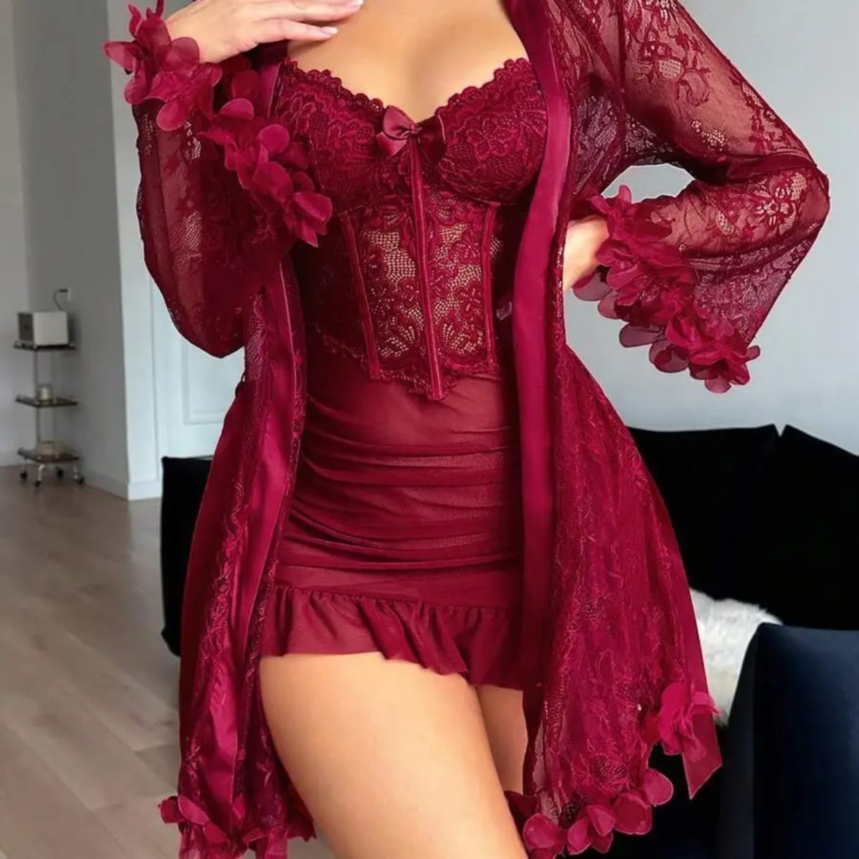 Full Sleeve Lace Babydoll Nightdress