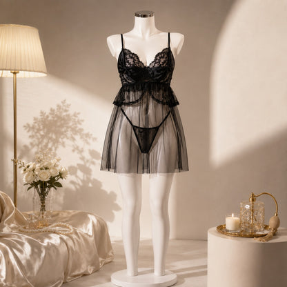 Black Transparent Lingerie with Butterfly Bow &amp; Thong