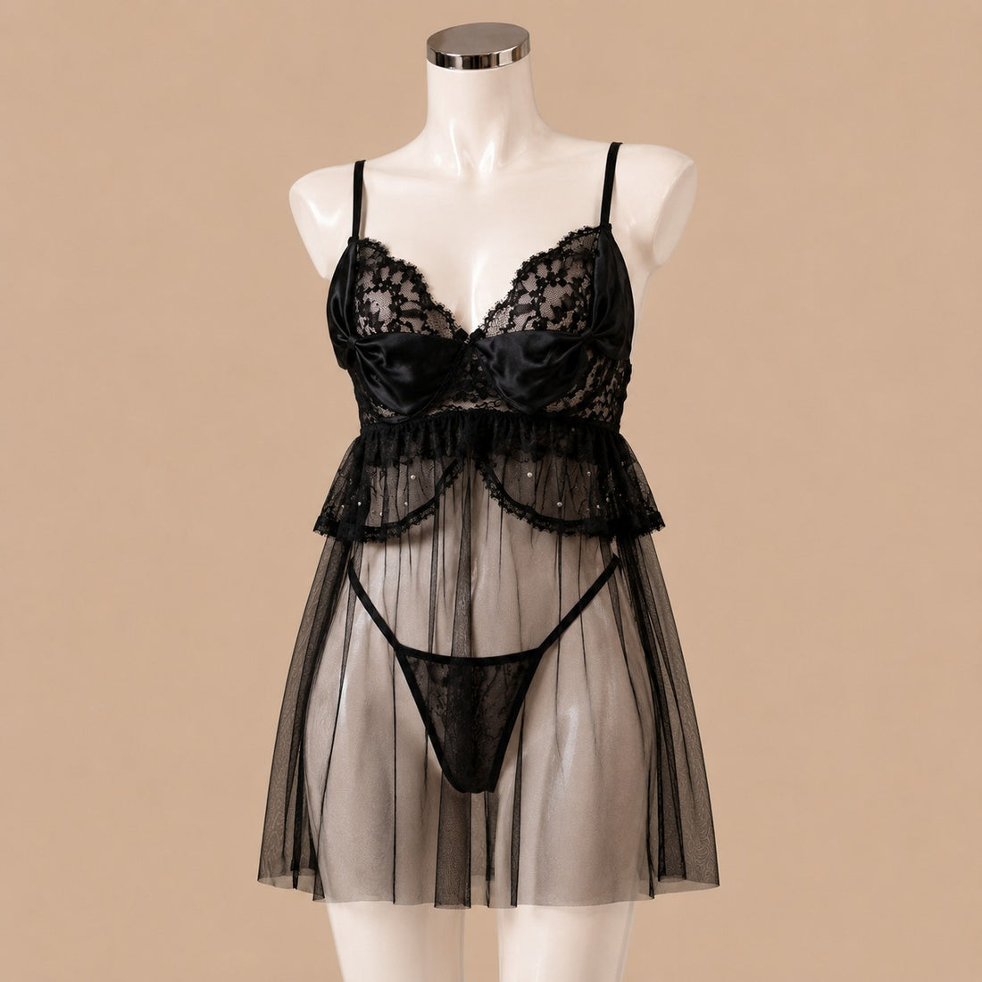 Black Transparent Lingerie with Butterfly Bow &amp; Thong