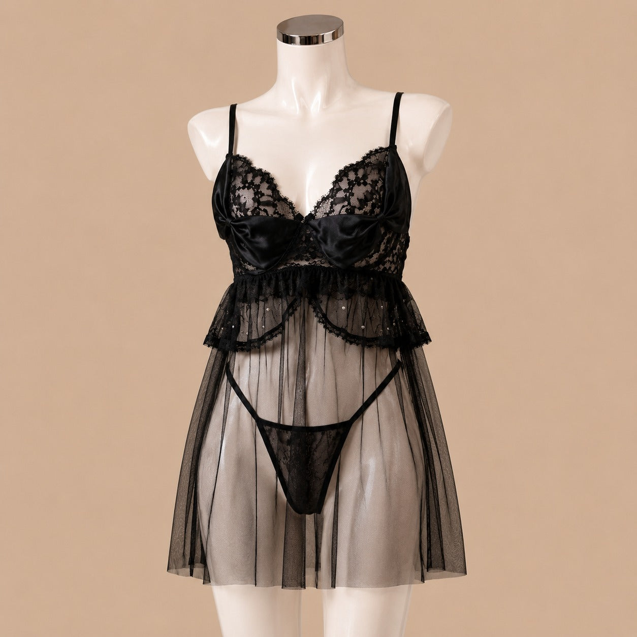 Black Transparent Lingerie with Butterfly Bow &amp; Thong