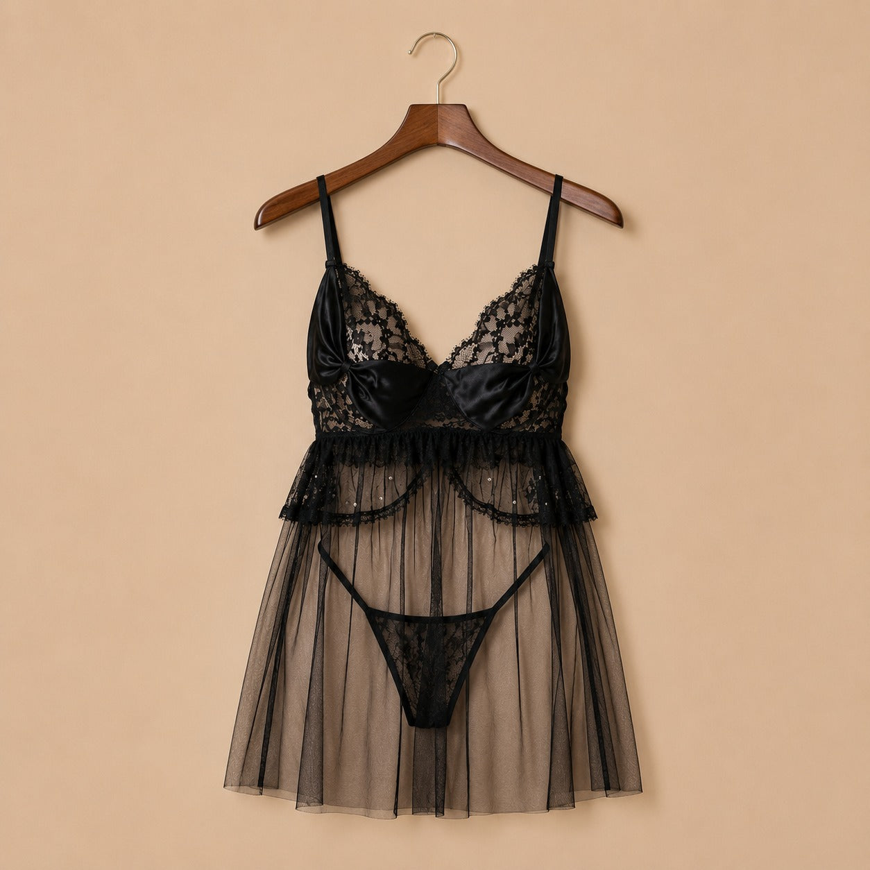 Black Transparent Lingerie with Butterfly Bow &amp; Thong