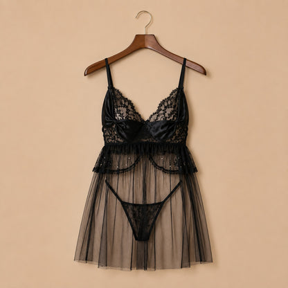 Black Transparent Lingerie with Butterfly Bow &amp; Thong