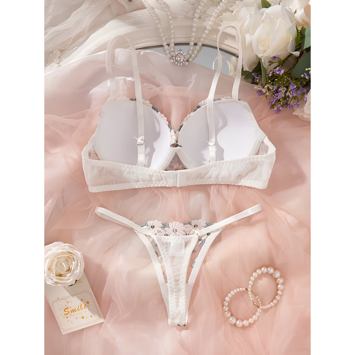 Light Padded Floral Embroidered Lace Bra &amp; Thong Set