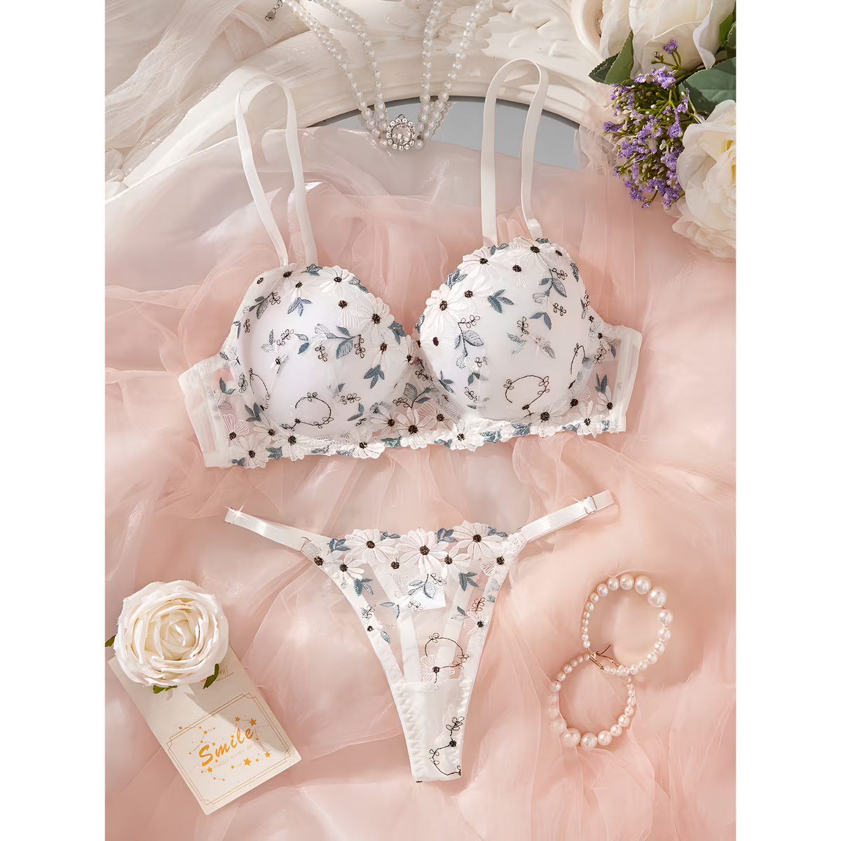 Light Padded Floral Embroidered Lace Bra &amp; Thong Set
