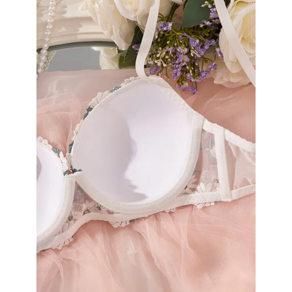 Light Padded Floral Embroidered Lace Bra &amp; Thong Set