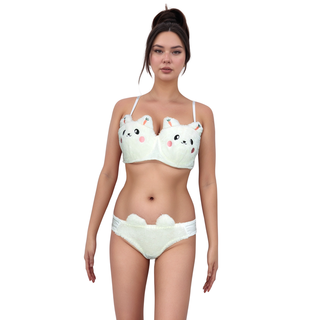 Cute Cartoon Bra Panty Set White Plush
