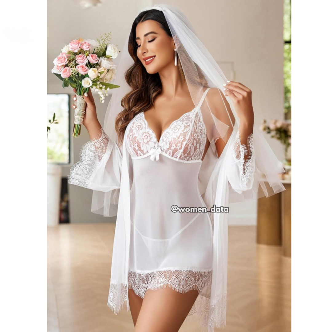 Bridal White Lace Babydoll Nightdress with Sheer Robe