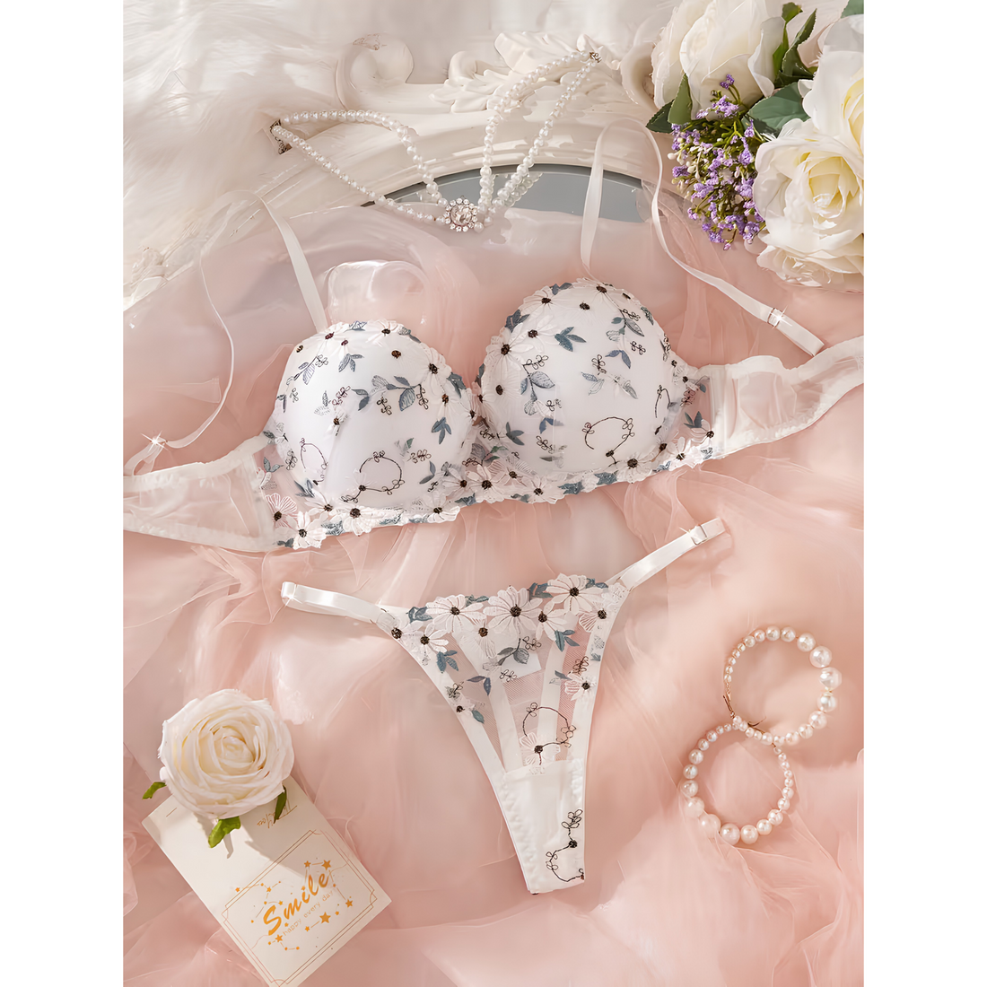 Light Padded Floral Embroidered Lace Bra &amp; Thong Set