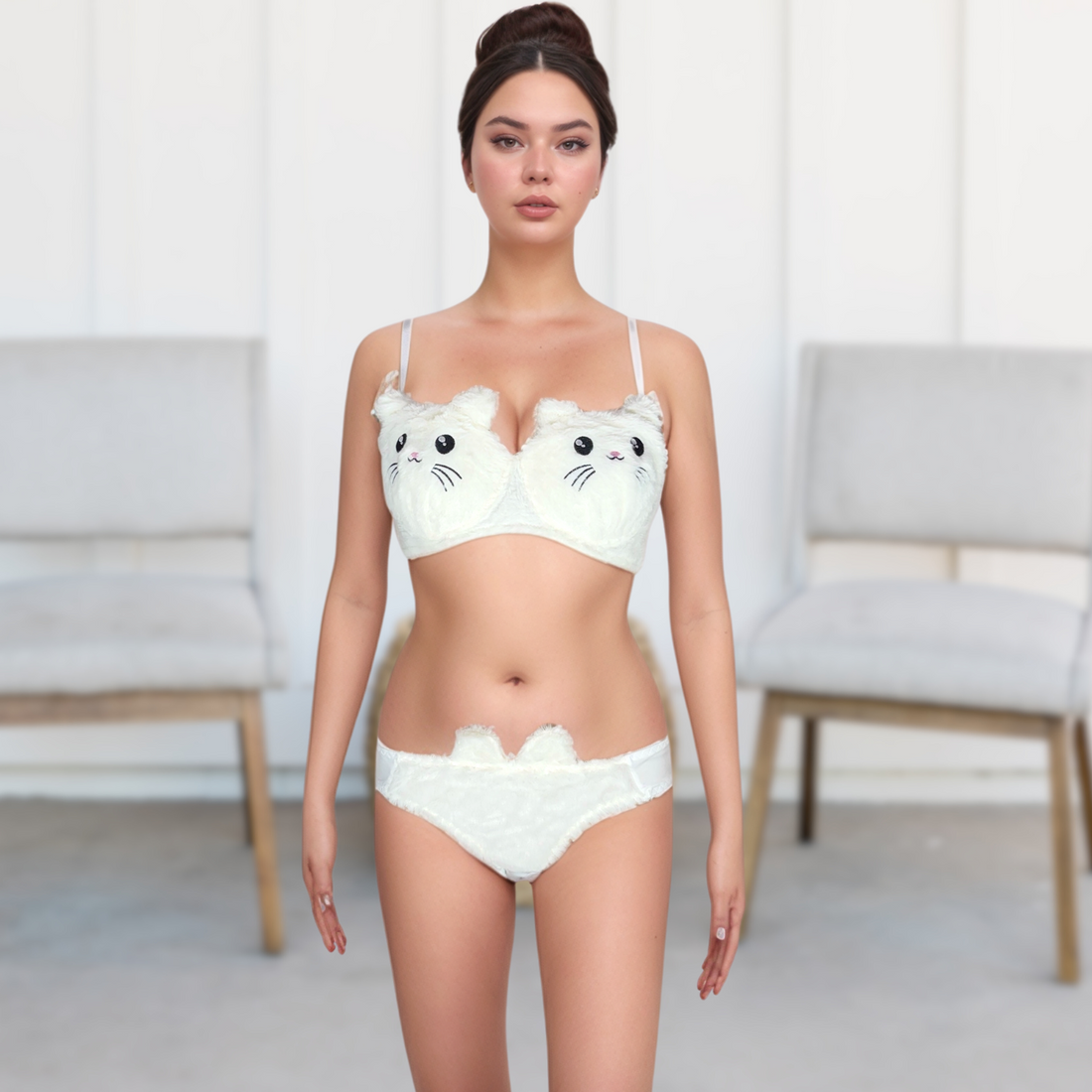Kitty Cartoon Bra Panty Lingerie White 