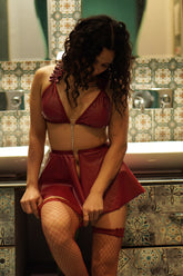 Wine Red Leather Lingerie Set 