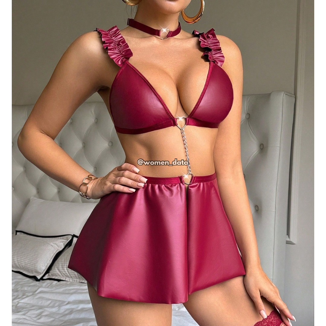 Wine Red Leather Lingerie Set 