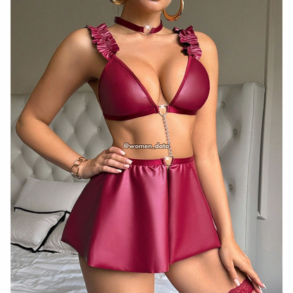 Wine Red Leather Lingerie Set 