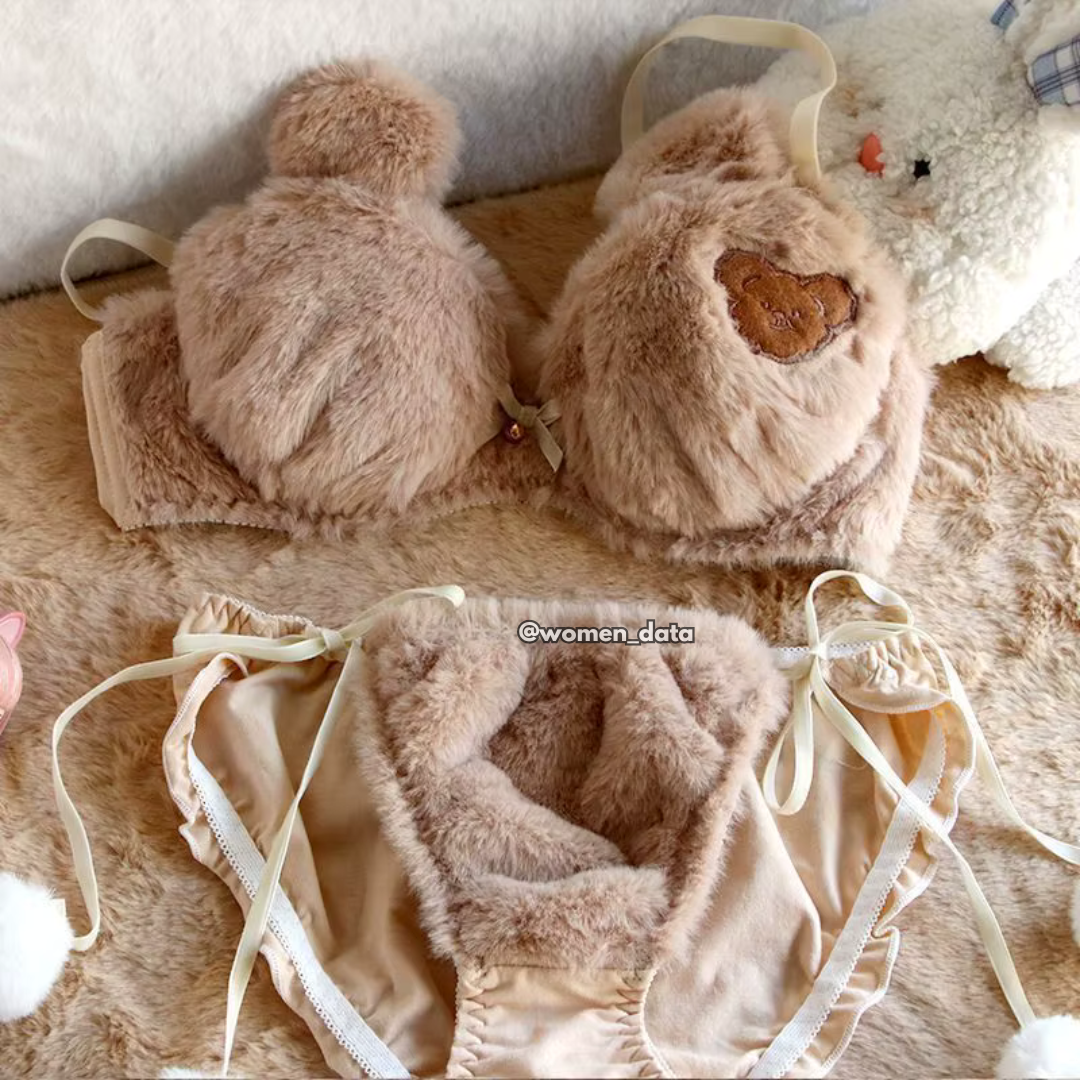 Women’s Winter Fluffy Bear Bra Panty Set 