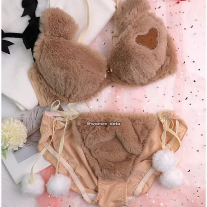 Women’s Winter Fluffy Bear Bra Panty Set 