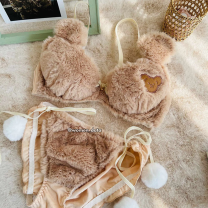 Women’s Winter Fluffy Bear Bra Panty Set 