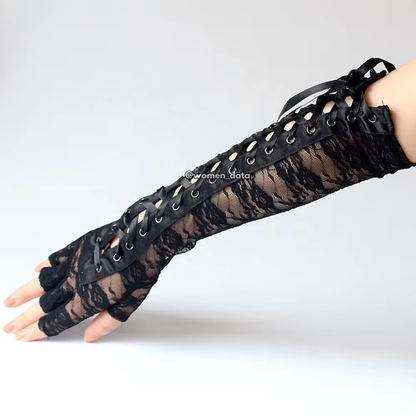 Women’s Gothic Lace-Up Fingerless Long Gloves 