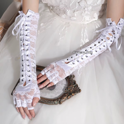 Women’s Gothic Lace-Up Fingerless Long Gloves 