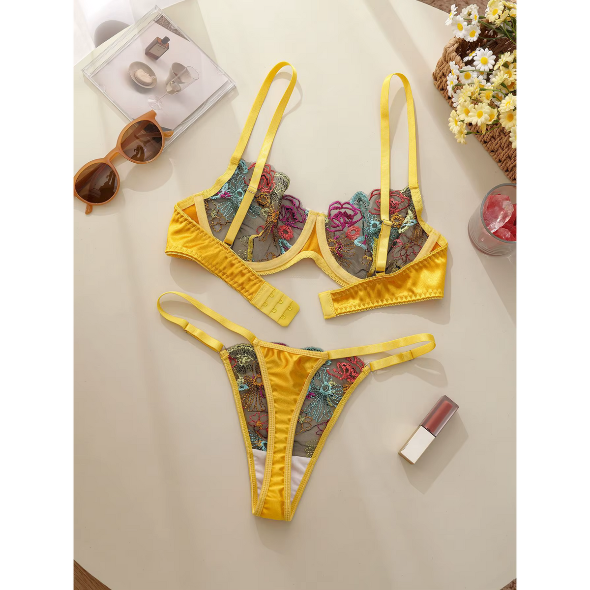 Floral Embroidered Lace Bra &amp; Thong Set