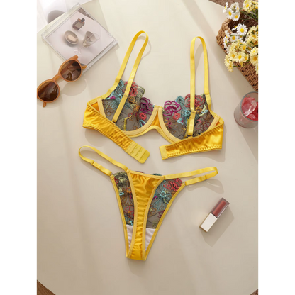 Floral Embroidered Lace Bra &amp; Thong Set