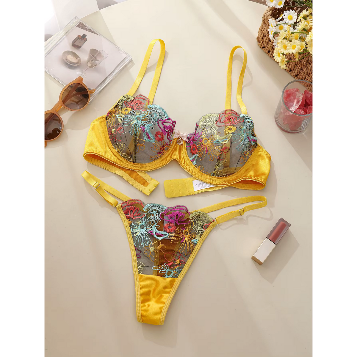 Floral Embroidered Lace Bra &amp; Thong Set