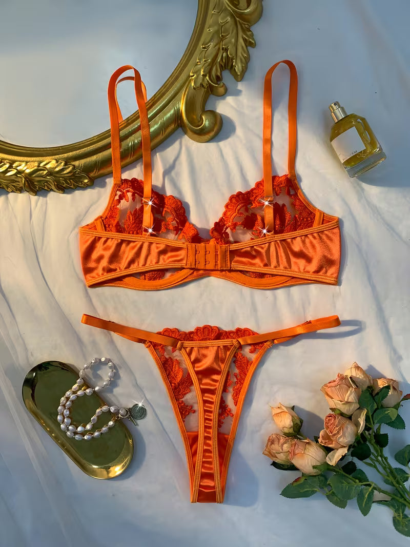 Amber Desire Orange Embroidered Lace Bra &amp; Thong Set