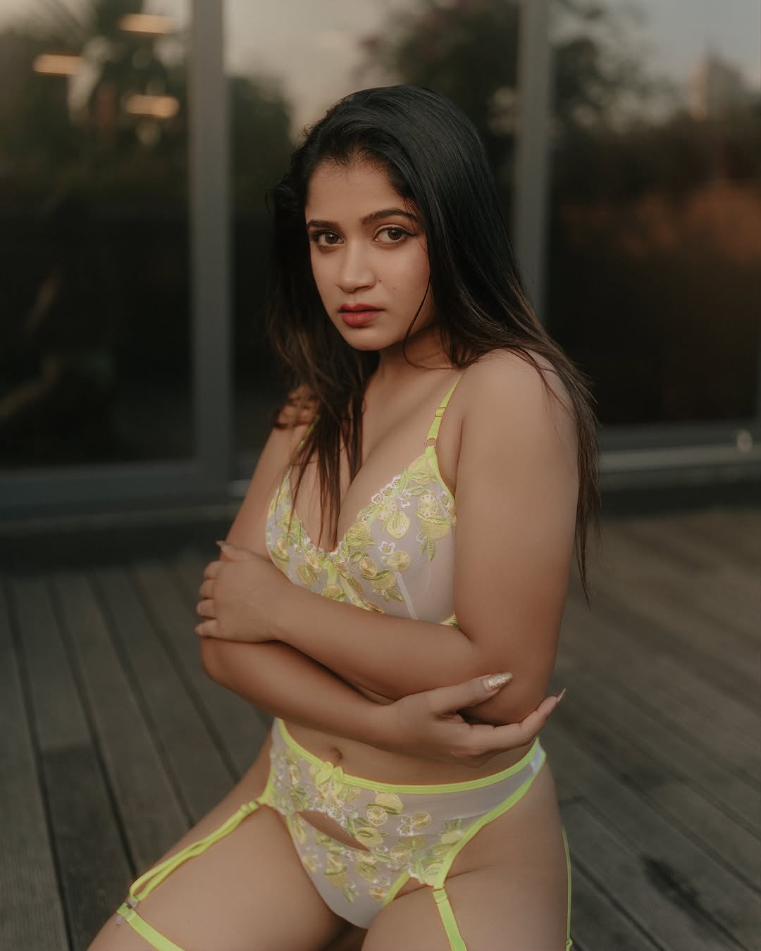 Lime Bloom Embroidered Lingerie Set – 3 Piece