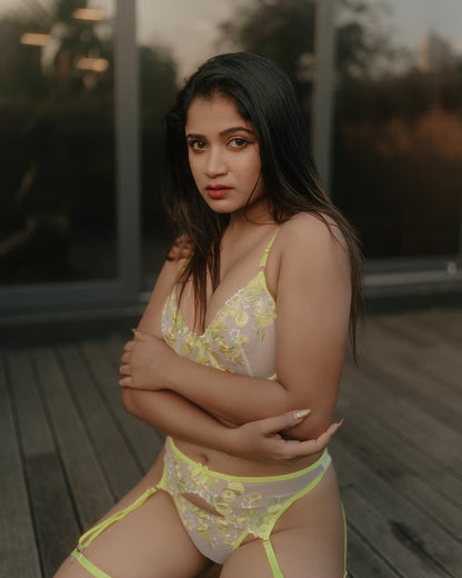 Lime Bloom Embroidered Lingerie Set – 3 Piece