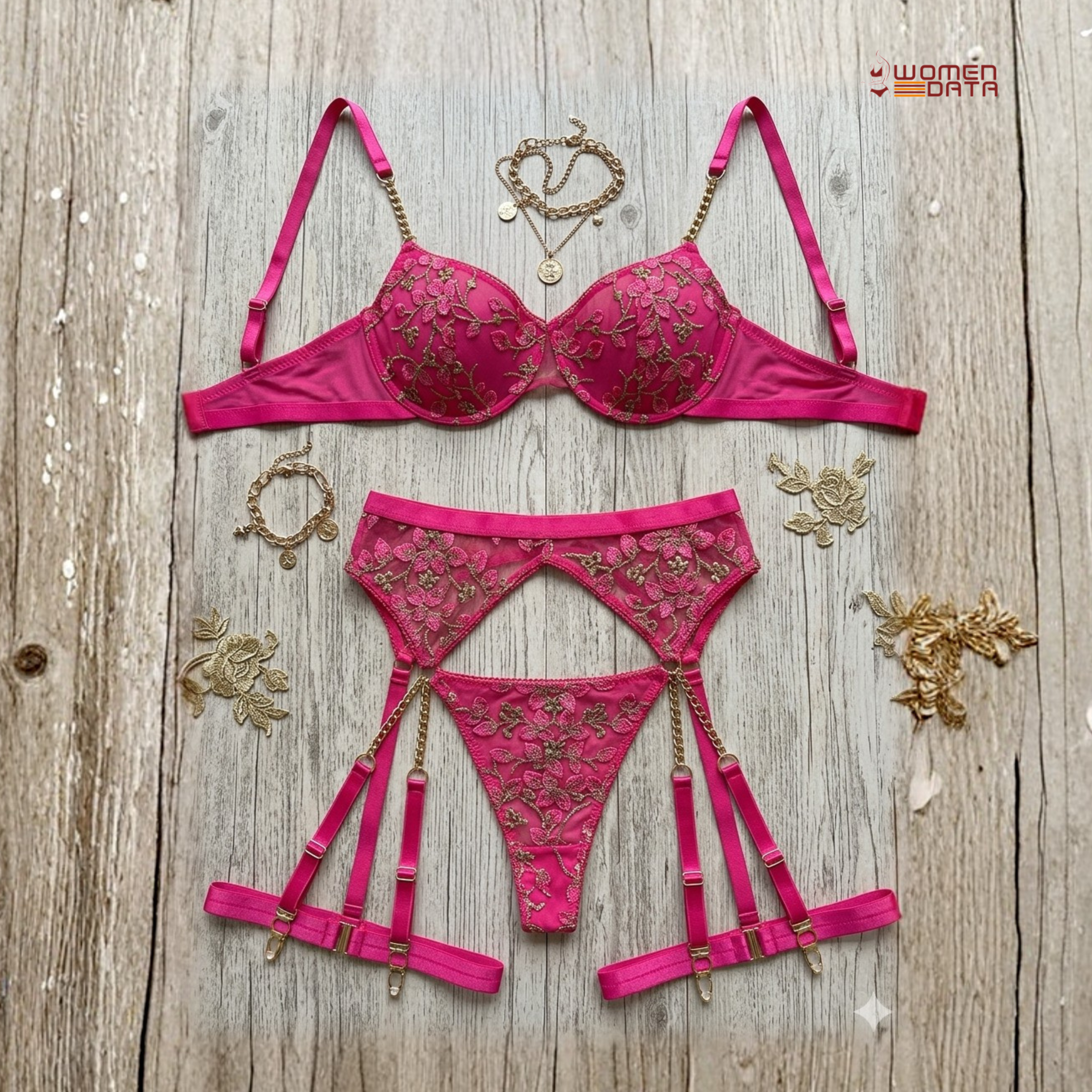 Pink Floral Embroidered Lingerie Set with Garter
