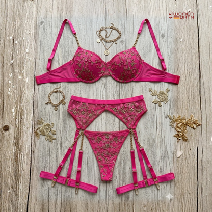 Pink Floral Embroidered Lingerie Set with Garter