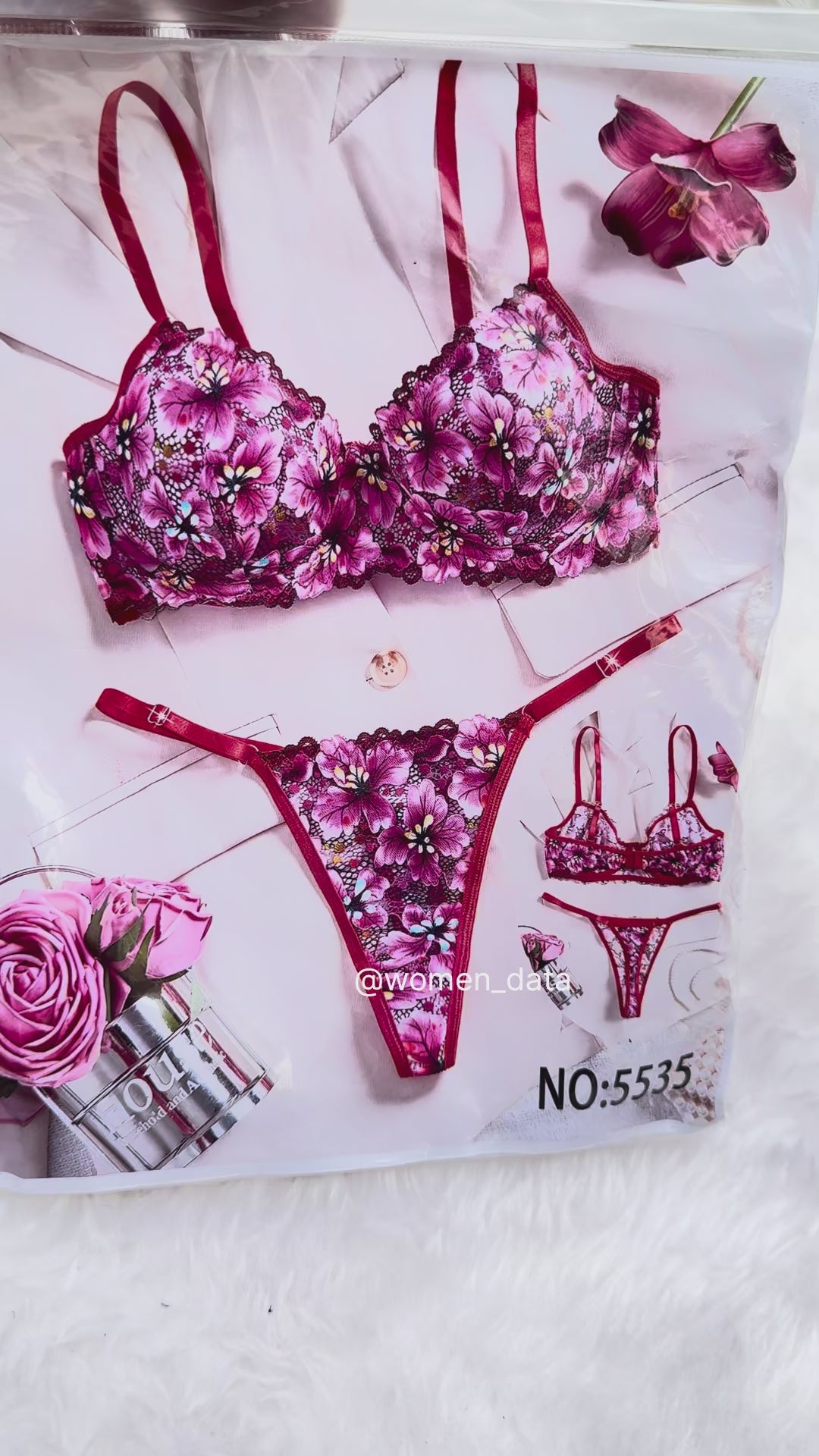 Pink Floral Lace Bra &amp; Thong Lingerie Set