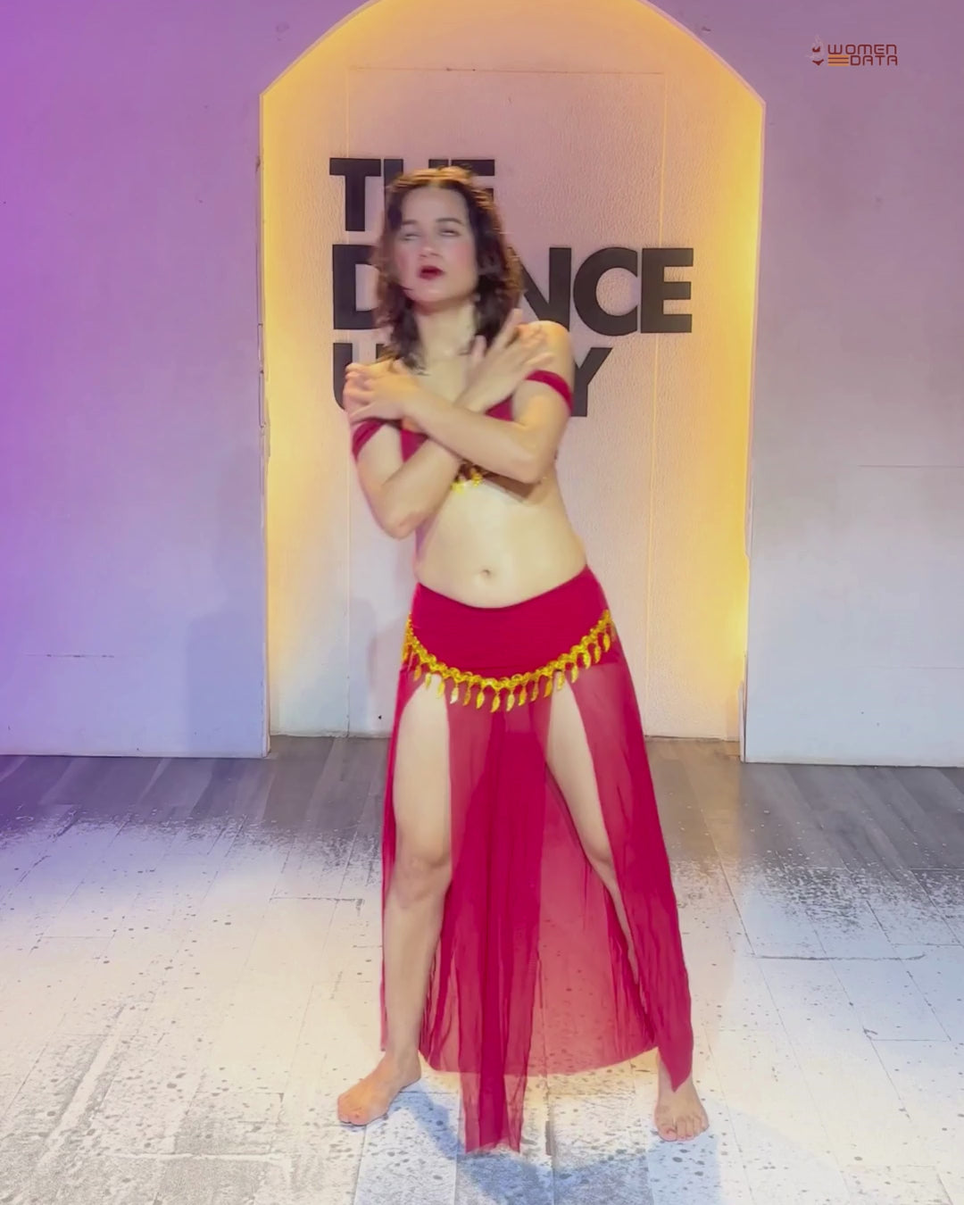 Red Belly Dance Inspired Lingerie Set for Women – Sheer Mesh Bra &amp; High Slit Skirt Costume