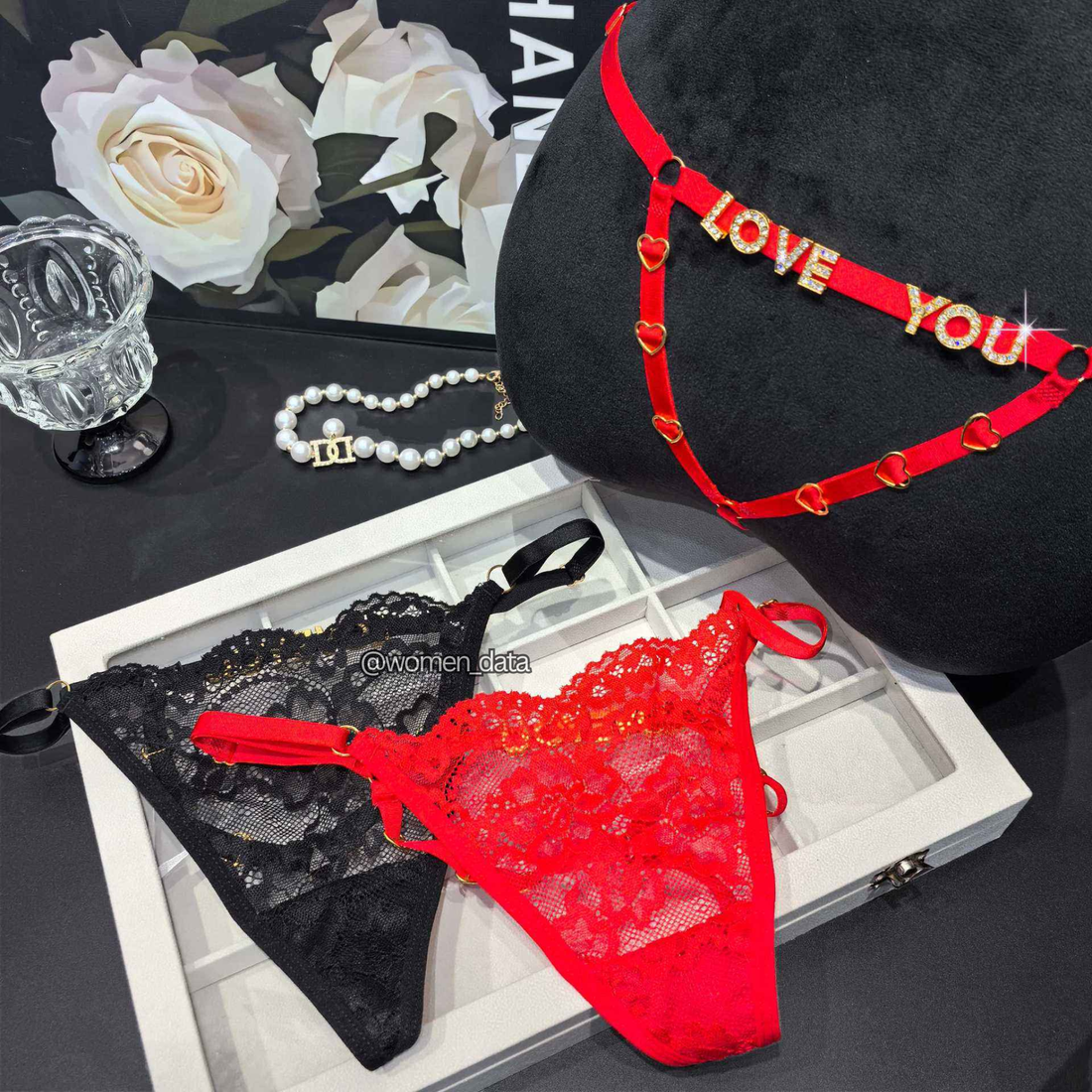 Women’s Lace Thong Panty Set with Rhinestone “Love You” Strap – Sexy Lingerie